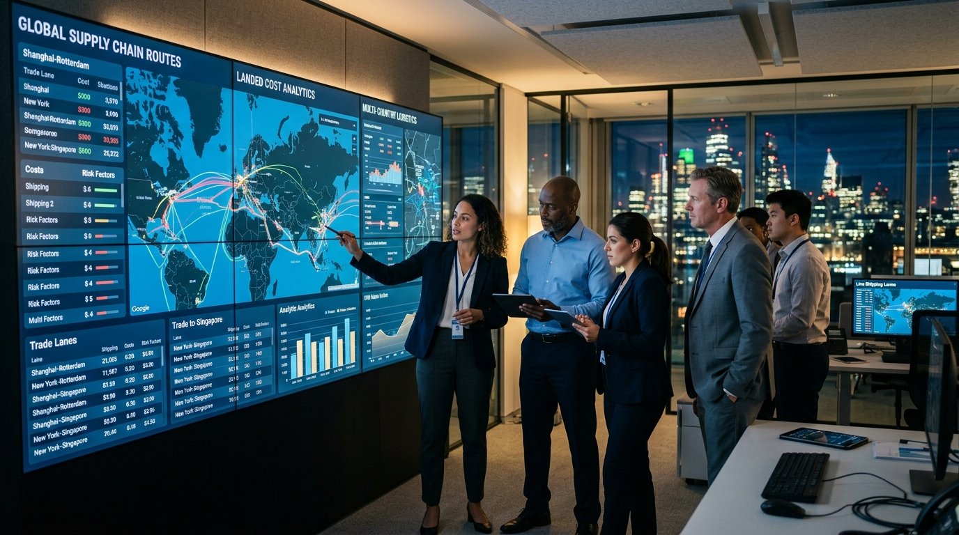 Supply Chain Executives Reviewing Global Sourcing Routes and Landed Cost Analytics